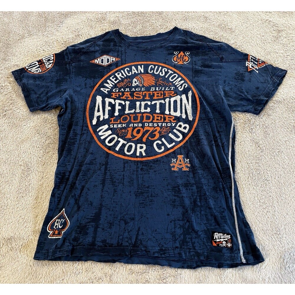 Affliction Shirt Mens 2XL Blue American Customs Motor Club Biker Graphic Y2K